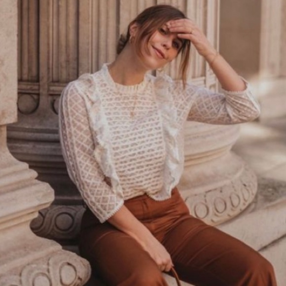 Sezane cream lace floral ruffle blouse 36 small
